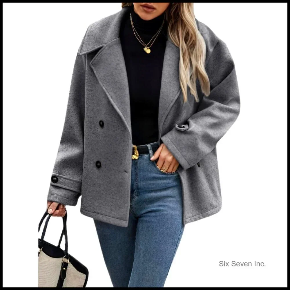 Wool Blend Pea Coat Cropped Blazer Jacket Loose Fit Double Breasted - Picture 1 of 6
